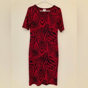 LuLaRoe Julia Dress — Red/Black Tribal Print, size S.